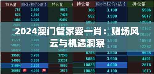 2024澳门管家婆一肖：赌场风云与机遇洞察